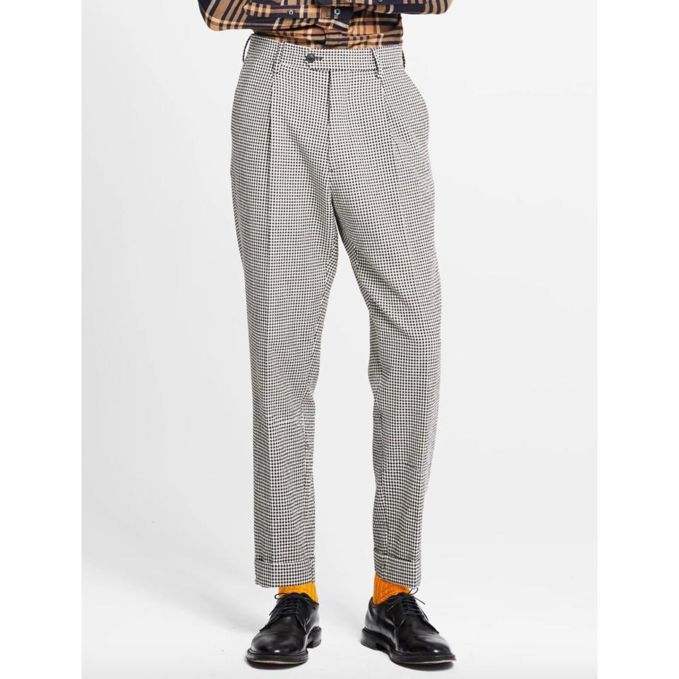 Washed Wool Cotton Check Madison Pleated Suit Trouser in Ivory