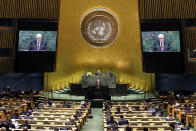 Syria's Deputy Prime Minister Walid Al-Moualem addresses the 74th session of the United Nations General Assembly, Saturday, Sept. 28, 2019. (AP Photo/Richard Drew)