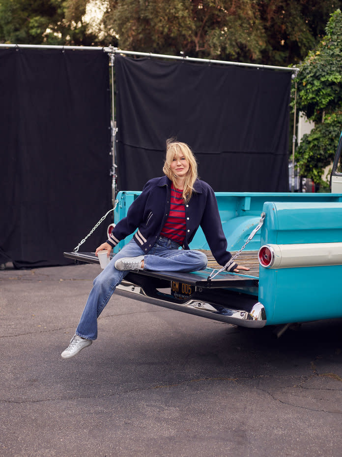 <p>DAZED AND CONFUSED: Renée Zellweger in Gucci blouson, T-shirt, and pants. Golden Goose sneakers. Photo by Sebastian Faena/IMG Lens.</p>