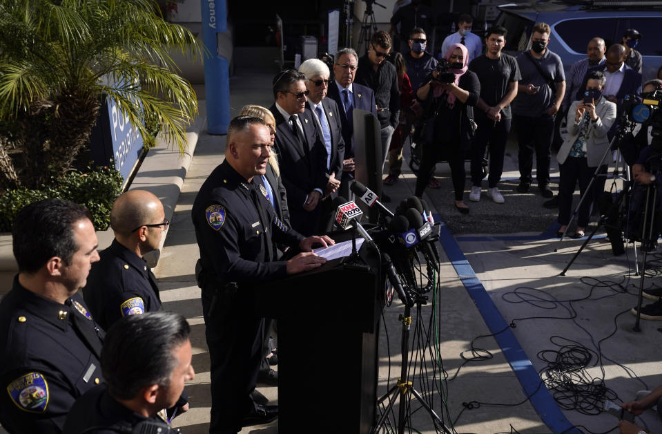 Beverly Hills Police Chief Mark G. Stainbrook addresses the media, Wednesday, Dec. 1, 2021, in Beverly Hills, Calif. Jacqueline Avant, the wife of music legend Clarence Avant, was fatally shot in Beverly Hills early Wednesday. (AP Photo/Chris Pizzello)