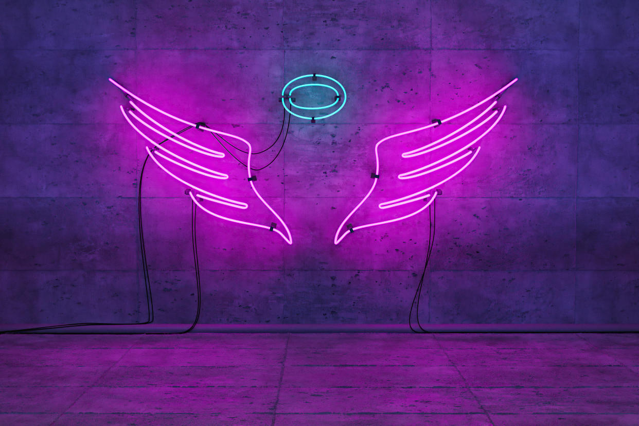 neon pink lamp with angel wings and crown in empty room for product or model display. 3d render