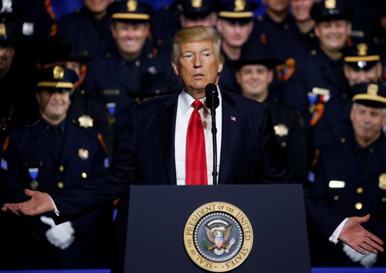 Donald Trump was addressing law enforcement officials in Brentwood, New York, when he said officers should not be "too nice" with suspects: Reuters