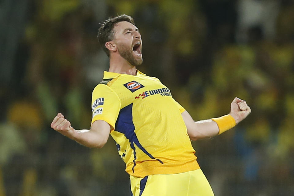 Chennai Super Kings' Richard Gleeson celebrates the wicket of Punjab Kings' Prabhsimran Singh during the Indian Premier League cricket match between Chennai Super Kings and Punjab Kings in Chennai, India, Wednesday, May 1, 2024. (AP Photo/R. Parthibhan)