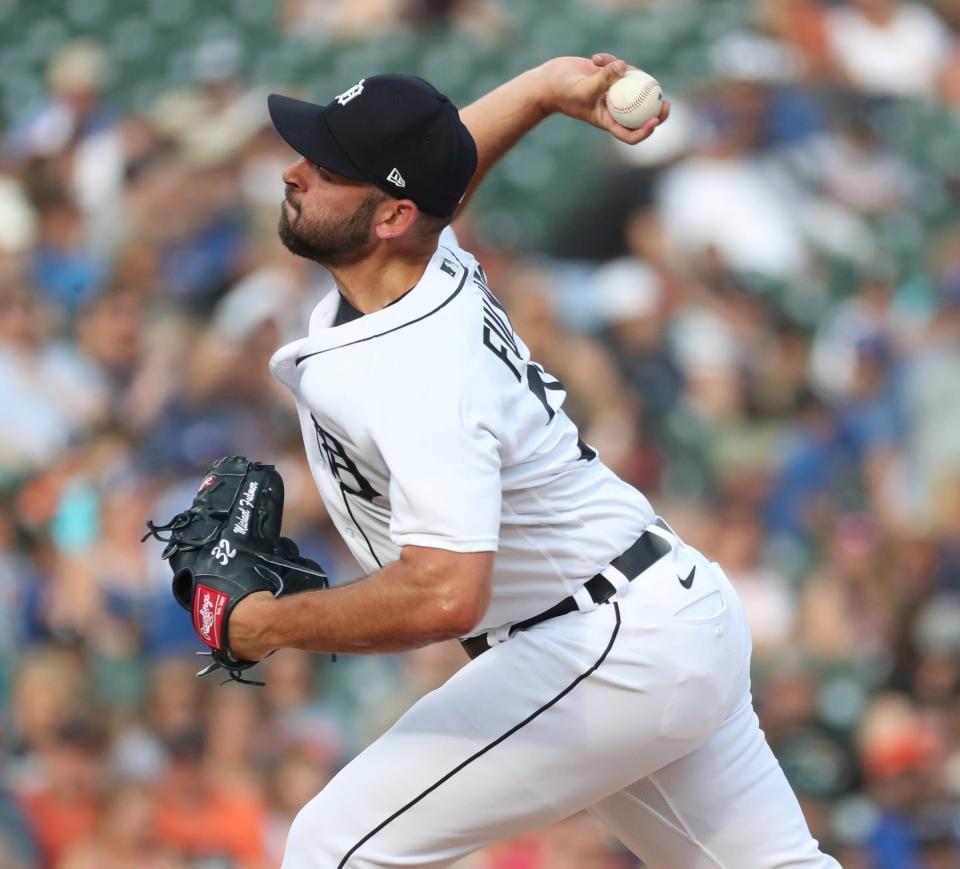 Detroit Tigers reliever Michael Fulmer (32) pitches against the Toronto Blue Jays during eighth-inning action at Comerica Park in Detroit on Saturday, June 11, 2022.