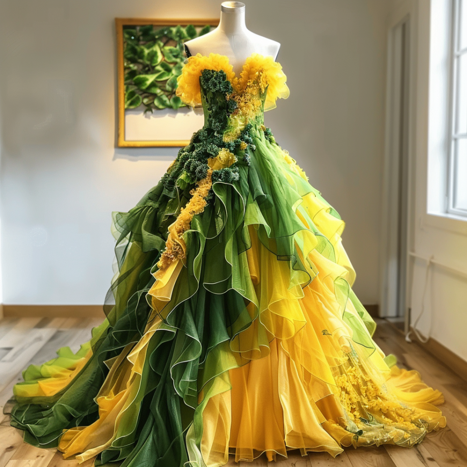 Elaborate yellow-green gown with floral details on a mannequin, displayed in a room with artwork