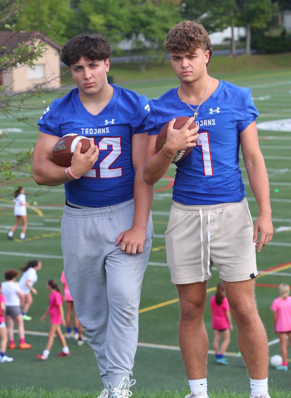 From left, Carmine Casino and Rob Carey would rather be. practicing football for Blind Brook High School, but because a decision by Section 1 their hope of merging with another team were wiped out Sept. 19, 2023. 