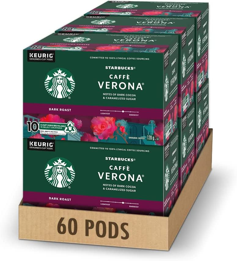 Starbucks Verona, Dark Roast Coffee, Single Serve Keurig K-cup Pods, 6 Boxes, 60 Capsules. Image via Amazon.