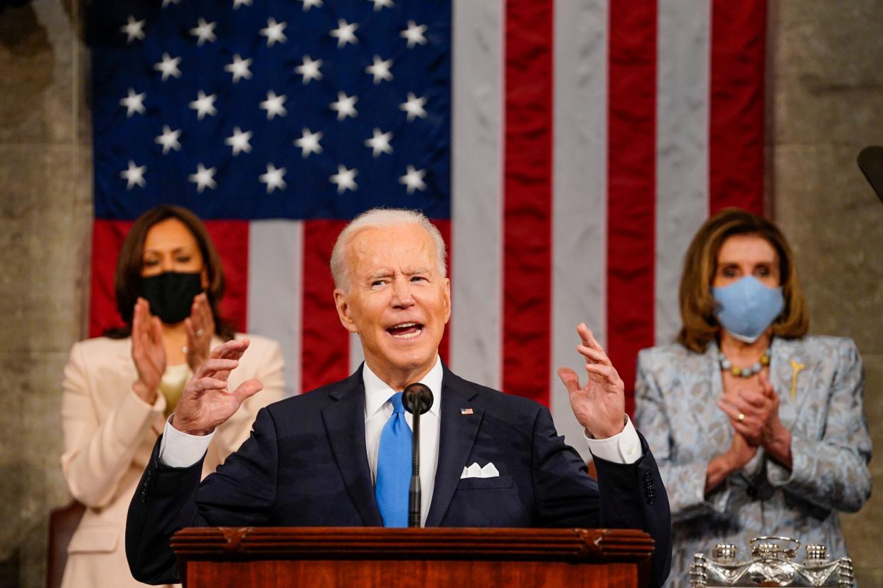 <p>WASHINGTON, DC - APRIL 28:  President Joe Biden addresses a joint session of Congress, with Vice President Kamala Harris and House Speaker Nancy Pelosi (D-CA) on the dais behind him on April 28, 2021 in Washington, DC. </p> (Photo by Melina Mara-Pool/Getty Images)