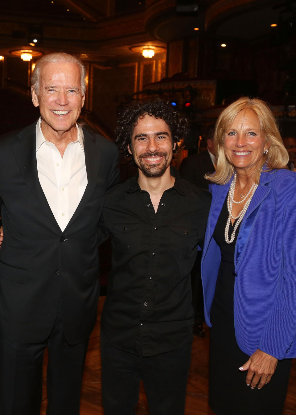 NEW YORK, NY - JULY 27:  (L-R) Vice President of the United States Joe Biden, Music Director/Orchestrations/Co-Arranger Alex Lacamoire and Jill Biden pose backstage at the hit new musical 'Hamilton' on Broadway at The Richard Rogers Theater on July 27, 2015 in New York City.  (Photo by Bruce Glikas/FilmMagic)