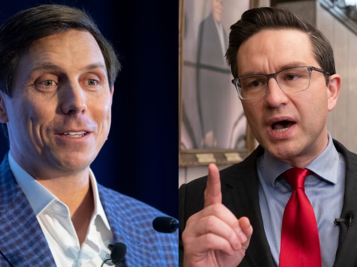 Patrick Brown says supporters of Pierre Poilievre, right, his rival for the Conservative Party leadership, worked to disqualify him from the race. (The Canadian Press - image credit)