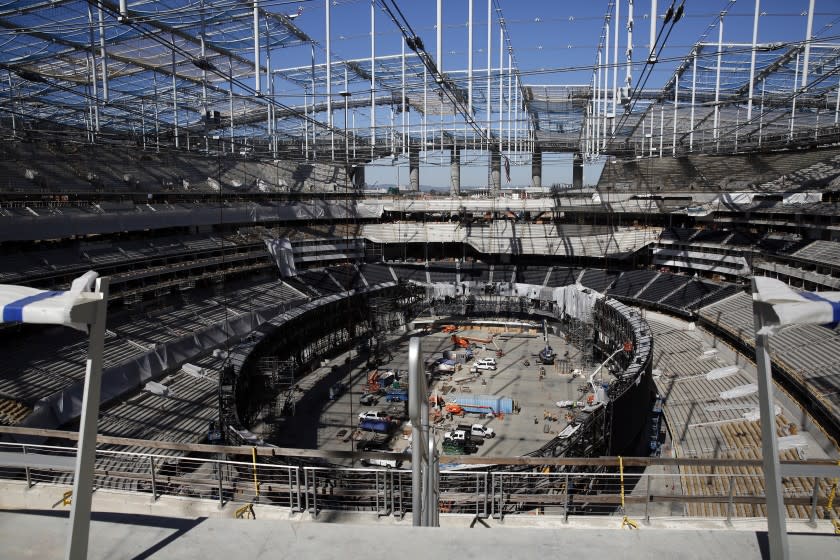 LOS ANGELES, CA-FEBRUARY 26, 2020: Construction of the SoFi Stadium and Hollywood Park, the future home of the Los Angeles Chargers and L.A. Rams, is underway on February 26, 2020 in Los Angeles, California. Representatives announce the L.A. Bowl, which will feature teams from the PAC-12 and Mountain West conferences. (Photo By Dania Maxwell / Los Angeles Times)