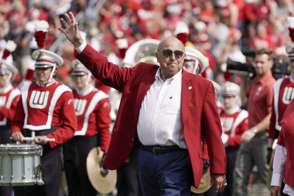 Former Wisconsin athletic director Barry Alvarez speaks as he is recognized at halftime of an NCAA college football game between Wisconsin and Michigan Saturday, Oct. 2, 2021, in Madison, Wis. (AP Photo/Morry Gash)