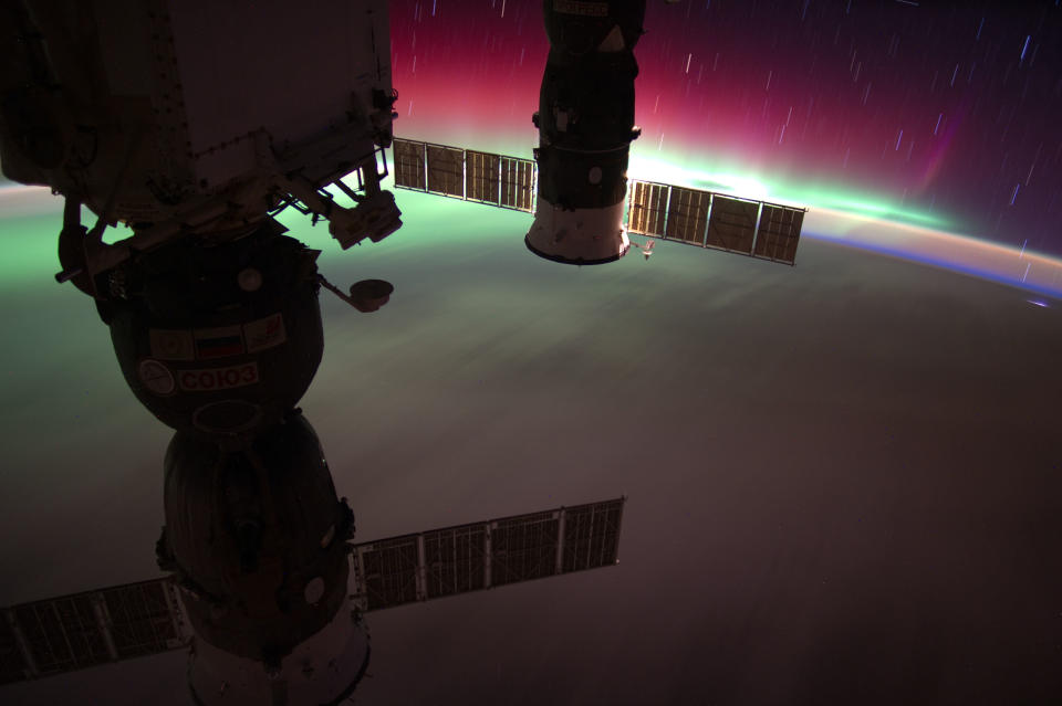 In this handout image provided by the National Aeronautics and Space Administration (NASA), the Southern Lights or Aurora Australis and the port side wing of NASA space shuttle Atlantis can be seen from the International Space Station July 14, 2011 in space. Space shuttle Atlantis is on the last leg of a 12-day mission to the International Space Station where it delivered the Raffaello multi-purpose logistics module packed with supplies and spare parts. This was the final mission of the space shuttle program, which began on April 12, 1981 with the launch of Colombia. (Photo by NASA via Getty Images)