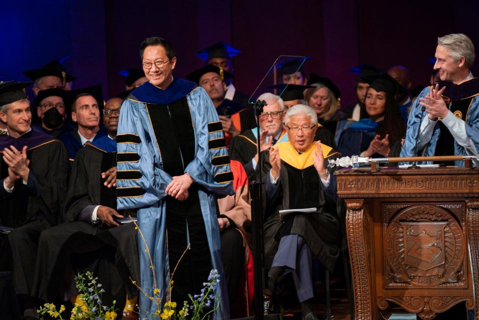 Santa J. Ono is introduced by Paul W. Brown, chair of the Board of Regents, as University of Michigan’s 15th president during the official inauguration ceremony at Hill Auditorium in Ann Arbor on Tuesday, March 7, 2023.