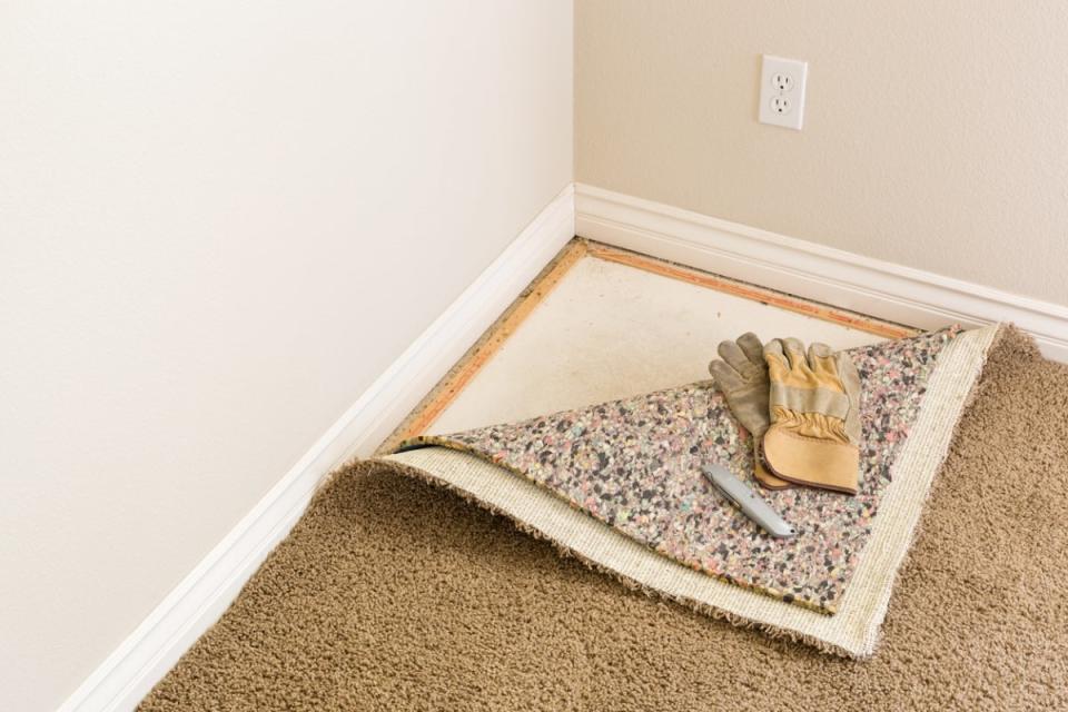 Corner of carpet and padding pulled back, with work gloves and a utility knife.