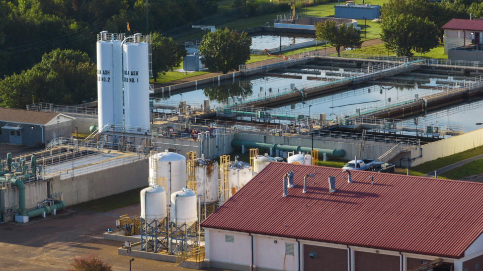 This is an aerial view of of the City of Jackson's O.B. Curtis Water Plant in Ridgeland, Miss., Thursday, Sept. 1, 2022. A recent flood worsened Jackson's longstanding water system problems. (AP Photo/Steve Helber)