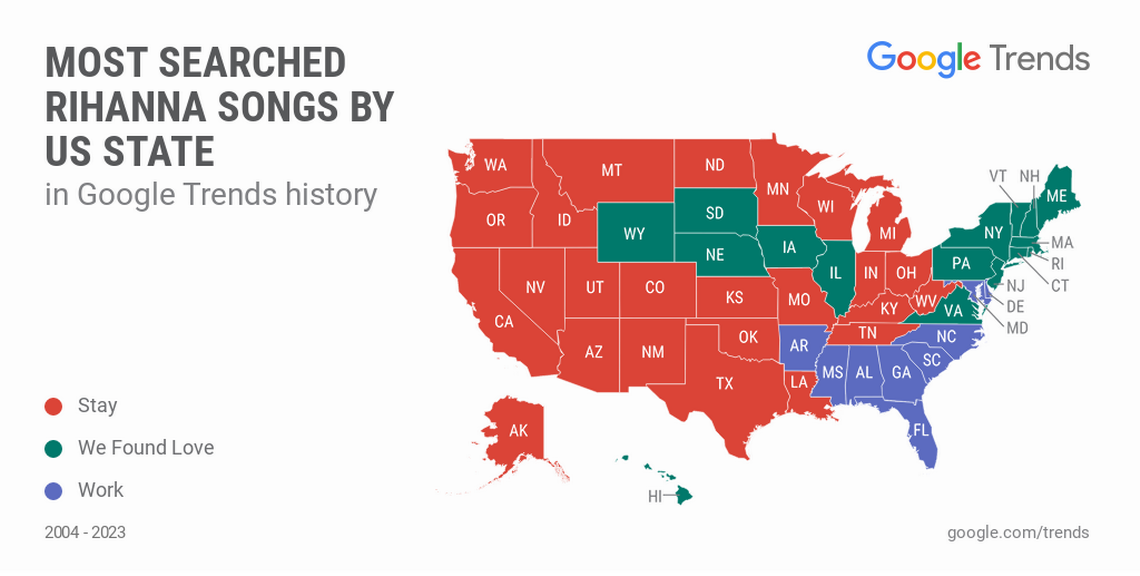 The song “Work” led unique searches in several Southeastern and mid-Atlantic states.