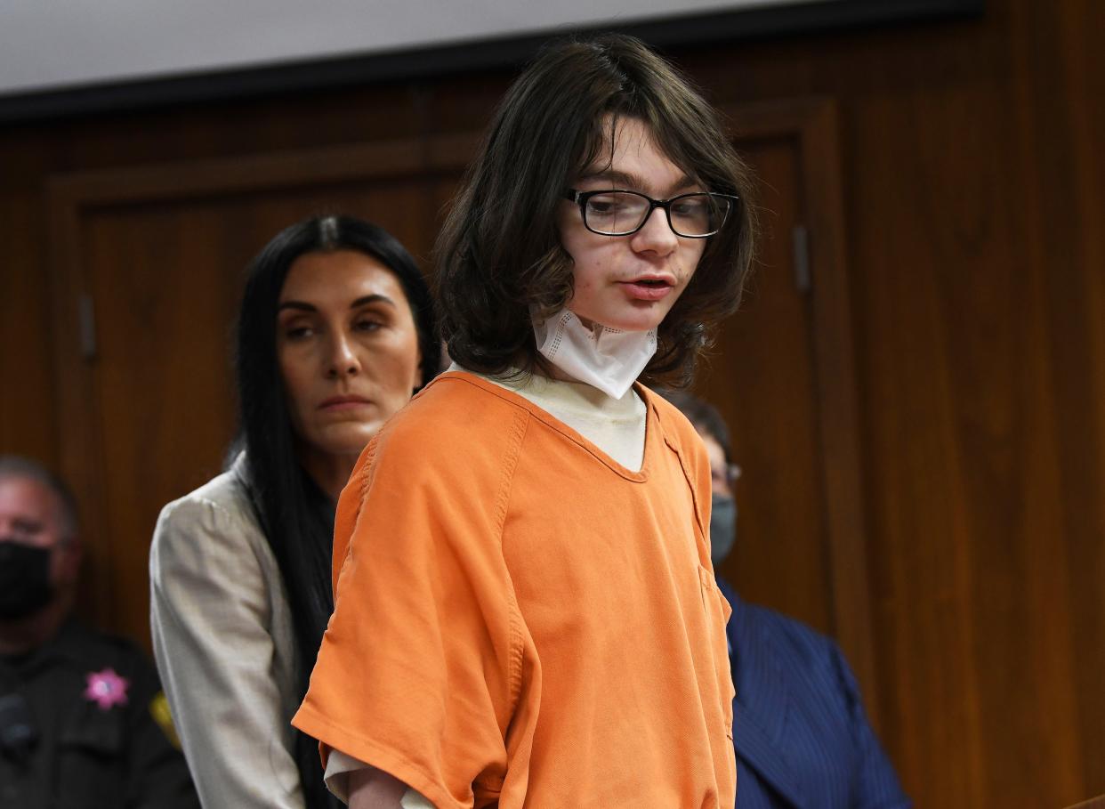 Ethan Crumbley answers yes to charges against him from assistant prosecutor during his pre-trial hearing at Oakland County Courthouse, Monday, Oct. 24, 2022. Pontiac, Mich. Crumbley entered the guilty plea to 24 criminal charges including terrorism causing death and first-degree murder for the Oxford High School shooting. 