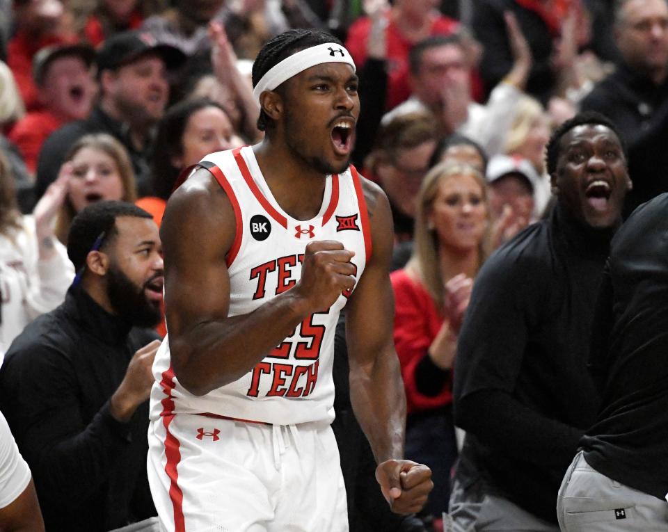 Texas Tech's forward Robert Jennings (25) yells on the sidelines during the Big 12 basketball game against Kansas State, Saturday, Jan.13, 2024, at United Supermarkets Arena.