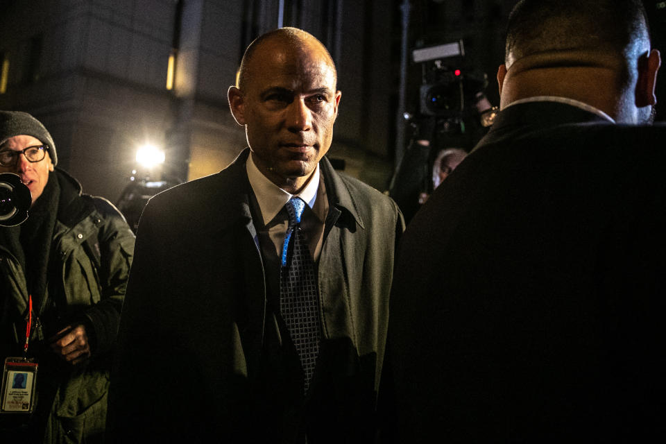 Michael Avenatti, attorney and founding partner of Eagan Avenatti LP, center, leaves the federal court in New York, U.S., on Monday, March 25, 2019. Avenatti was charged by federal prosecutors on both coasts, accused in New York of trying to extort millions of dollars from Nike Inc. and in Los Angeles of embezzling money from a client and defrauding a bank. Photographer: Jeenah Moon/Bloomberg via Getty Images