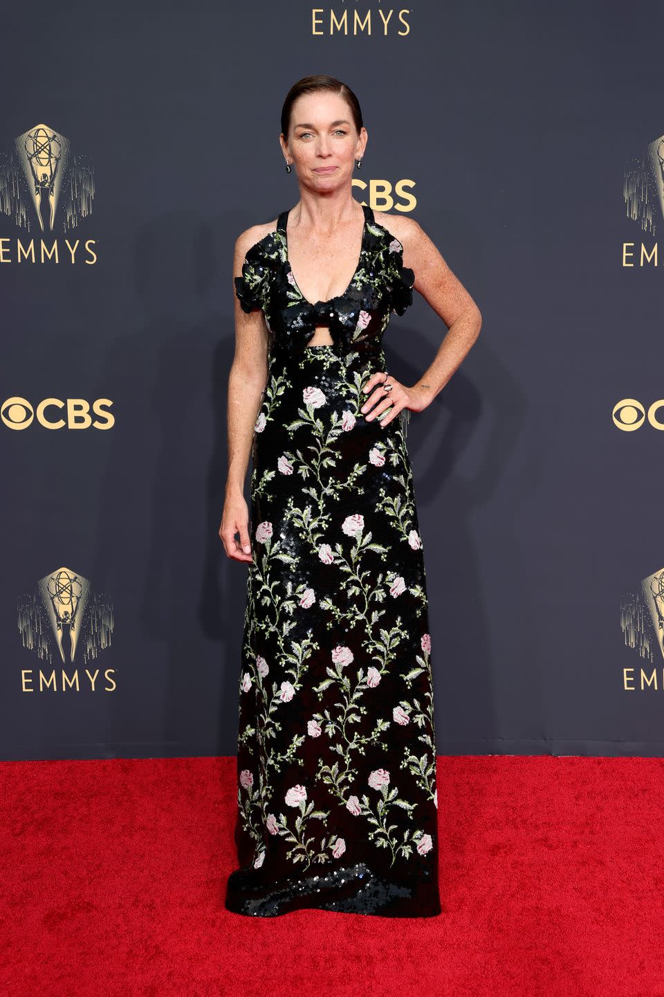 <p><strong>What:</strong> Giambattista Valli and Nikos Koulis jewelry</p><p><strong>Why: </strong>Nicholson's winning role in the Mare of Easttown was far from glamorous, but this look showed her glamorous, edgy, and romantic sides, complete with an all-embroidered sheen, a chinoiserie floral print, a ruffled neckline, and a cutout at the waist.</p>