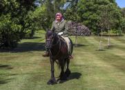 <p>Riding Balmoral Fern, a 14-year-old Fell Pony, on the grounds of her Windsor Castle home.</p>