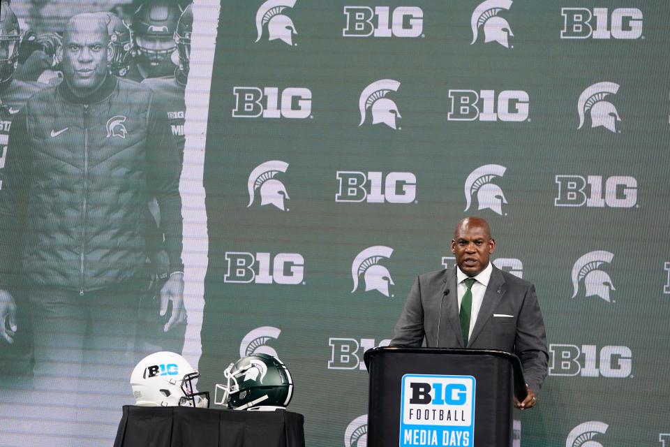Michigan State head coach Mel Tucker talks to reporters during an NCAA college football news conference at the Big Ten Conference media days at Lucas Oil Stadium, Wednesday, July 27, 2022, in Indianapolis. (AP Photo/Darron Cummings)