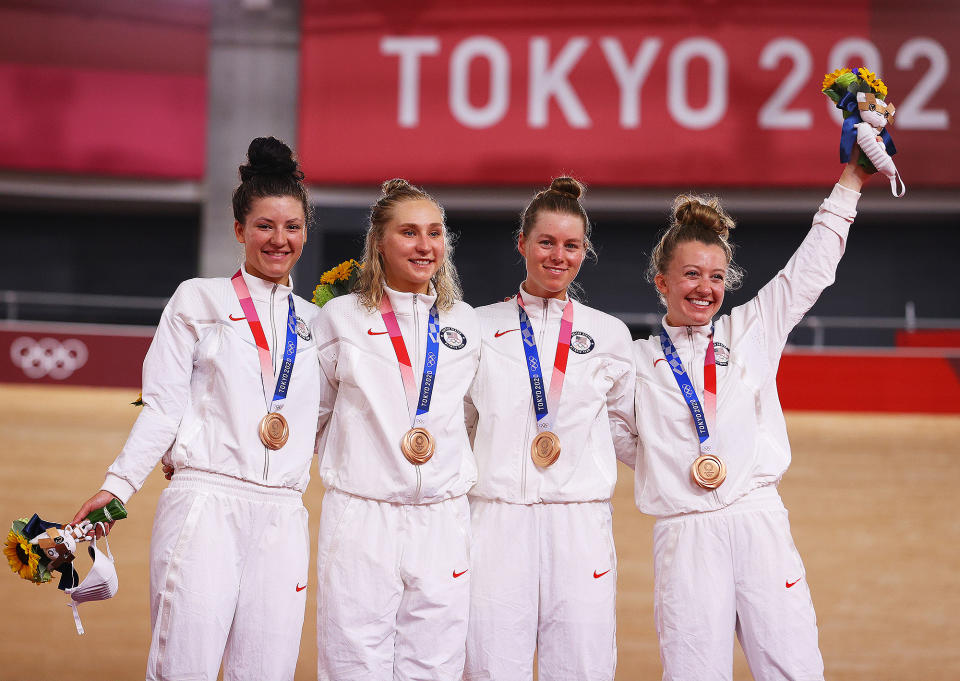 <p>Biography: Dygert is 24, Valente is 26, White is 23 and Jastrab is 19</p> <p>Event: Women's team pursuit (cycling)</p> <p>Quote: "The rides today were just absolutely phenomenal, and we are really, really proud to pull off what we did today … This past year has been full of a lot of struggles, and we're really proud to come away with bronze."</p>