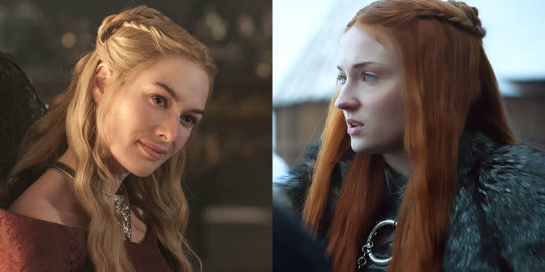 <p>When Season 7 premiered, fans were quick to notice to some new hair inspo for Sansa-<a rel="nofollow noopener" href="http://www.marieclaire.com/culture/news/a28267/sansa-cersei-hair-clue-game-of-thrones-premiere/" target="_blank" data-ylk="slk:she was wearing her hair a lot like Cersei's;elm:context_link;itc:0;sec:content-canvas" class="link ">she was wearing her hair a lot like Cersei's</a>. It was a sign that she was ready to play (and maybe just win) the proverbial Game of Thrones. </p>