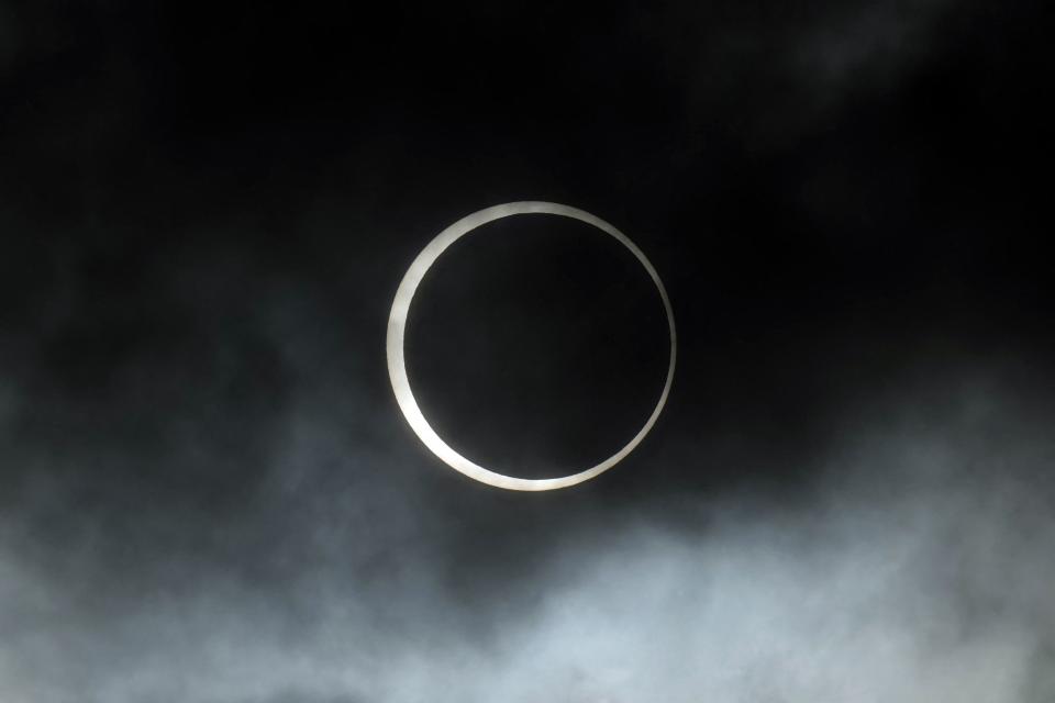     The moon crosses in front of the sun during the annular solar eclipse in Puerto San Julian, Santa Cruz Province, Argentina, on October 2, 2024. 