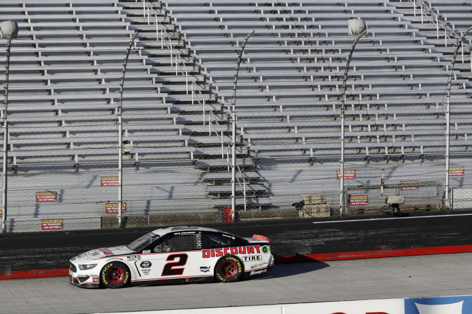 Brad Keselowski (2) drives during a NASCAR Cup Series auto race at Bristol Motor Speedway Sunday, May 31, 2020, in Bristol, Tenn. Keselowski won the race. (AP Photo/Mark Humphrey)