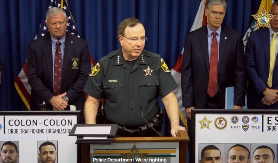 Polk County Sheriff Grady Judd holds a news conference Tuesday with representatives from other agencies who were part of investigations that arrested 11 people on charges related to trafficking fentanyl and cocaine.