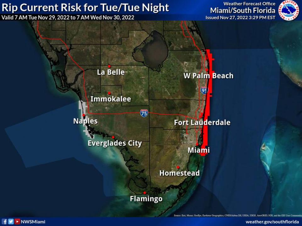 There is a high risk of life threatening rip currents across most of South Florida from Tuesday to Thursday, according to the National Weather Service.