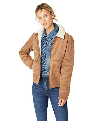 4) Levi's Women's Faux Leather Sherpa Aviator Bomber Jacket, camel, Small