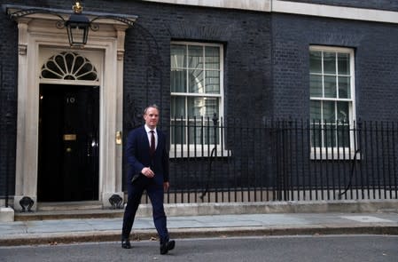 Newly appointed Britain's Foreign Secretary Dominic Raab leaves Downing Street, in London