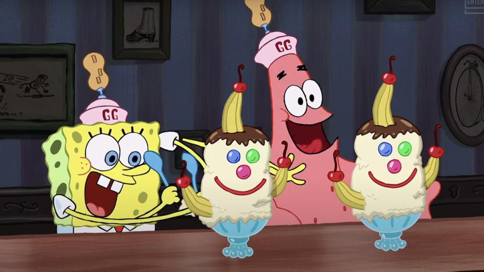 SpongeBob and Patrick at a counter eating Triple Gooberberry Sunrise Ice Cream sundaes