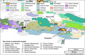 Location of Petrolympic’s Rayon d’Or-Vauquelin Property in the Cadillac Break corridor within the Val-d’Or Mining Camp.