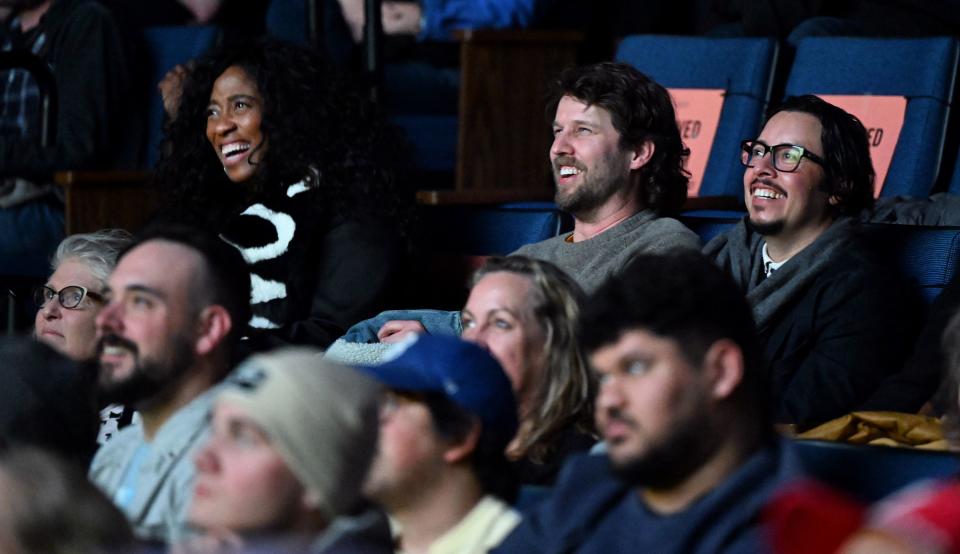 Shondrella Avery (LaFawnduh), Jon Heder (Napoleon Dynamite) and Efren Ramirez (Pedro) laugh as they join the audience in a screening of “Napoleon Dynamite” at Sundance in Park City at The Ray Theatre on Wednesday, Jan. 24, 2024. | Scott G Winterton, Deseret News