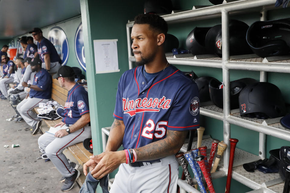 Minnesota Twins' Byron Buxton prepares to bat in the second inning of a spring baseball exhibition game against the Boston Red Sox, Friday, Feb. 23, 2018, in Fort Myers, Fla. (AP Photo/John Minchillo)