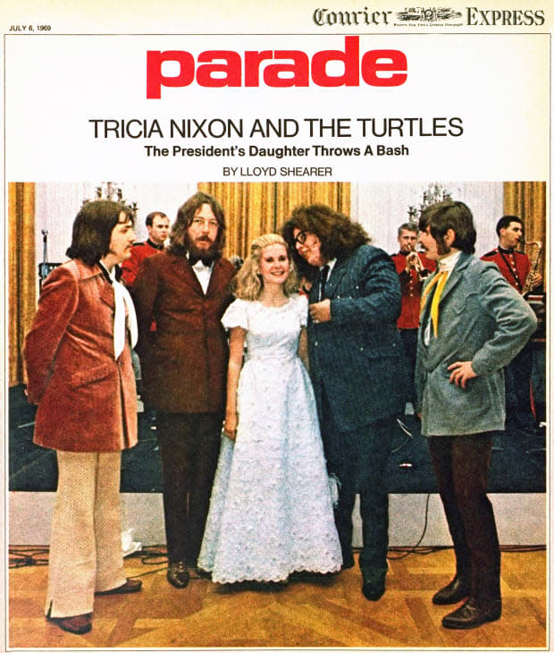 <p>In a rather snarky story about presidential daughters (“they don’t stay unmarried very long”), it was revealed that Tricia Nixon, 23, wasn’t as conservative as once thought. Although Barry Goldwater Jr. was her date for a party she threw in the White House (“They didn’t hit it off, <em>Parade </em>said), she had two “non-conservative” bands play: The Turtles (“a quintet of long hairs and long sideburns from Los Angeles”) and the Temptations from Detroit, whose <em>Parade </em>description I don’t feel comfortable repeating here, other than to say they were “great-playing.” The Turtles did cause some disruption: A ticking metronome in their band equipment had the secret service in a tizzy.</p>