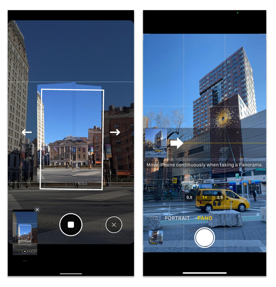 Tanto Cámara de Google para Android, izquierda, como la aplicación Cámara de Apple para iOS tienen un modo para crear fotografías panorámicas. (J. D. Biersdorfer/The New York Times)