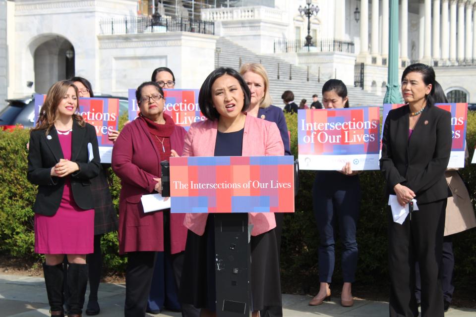 Sung Yeon Choimorrow, executive director of National Asian Pacific American Women's Forum, speaks at an Intersections of Our Lives news conference on April 4, 2019.