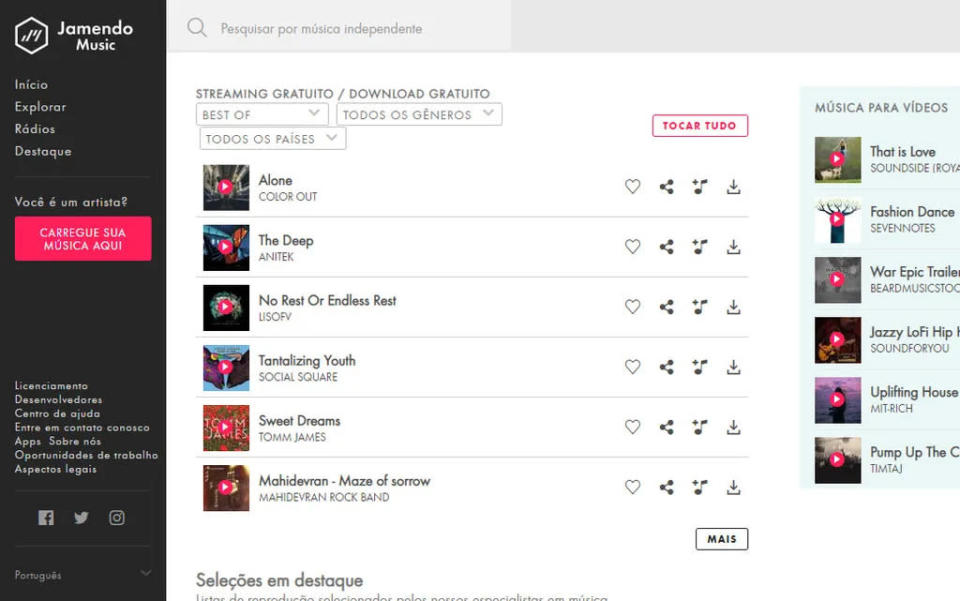 O Jamendo possui um dos maiores repositórios para fazer download gratuito de música na internet (Captura de tela: Matheus Bigogno)