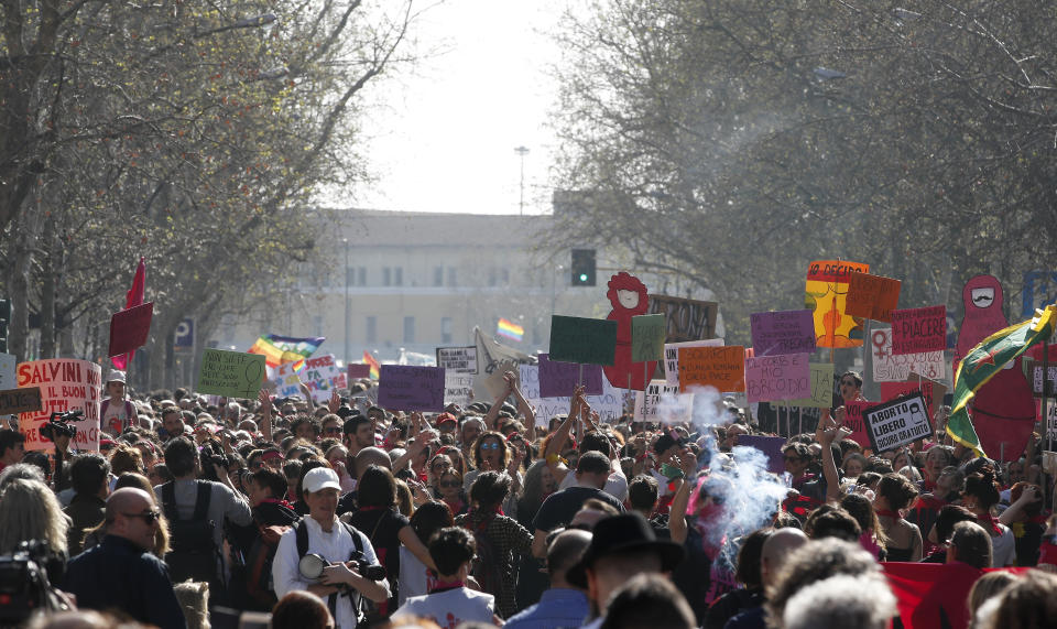 People march to protest the World Congress of Families, in Verona, Italy, Saturday, March 30, 2019. A congress in Italy under the auspices of a U.S. organization that defines family as strictly centering around a mother and father has made Verona — the city of Romeo and Juliet — the backdrop for a culture clash over family values, with a coalition of civic groups mobilizing against what they see as a counter-reform movement to limit LGBT and women's rights. (AP Photo/Antonio Calanni)