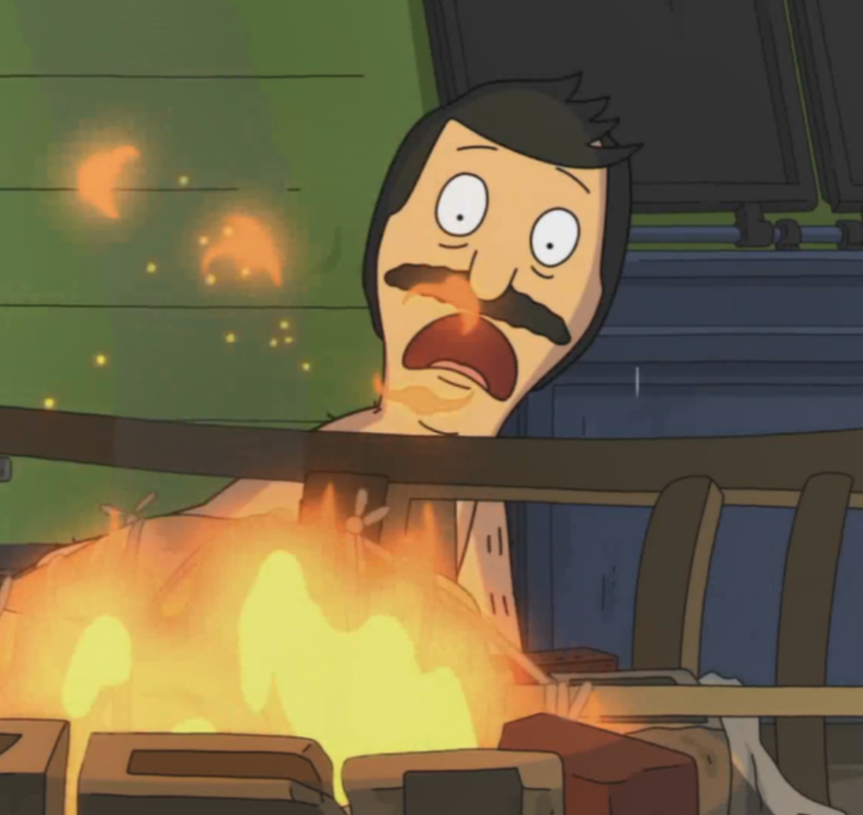 A cartoon man looking at a fire