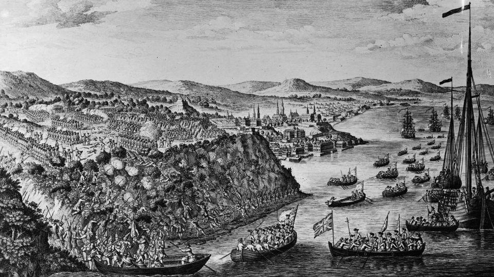 A depiction of British ships sailing around Quebec, while troops climb up to the Plains of Abraham and attack the French during the Seven Years War.   - Hulton Archive/Getty Images