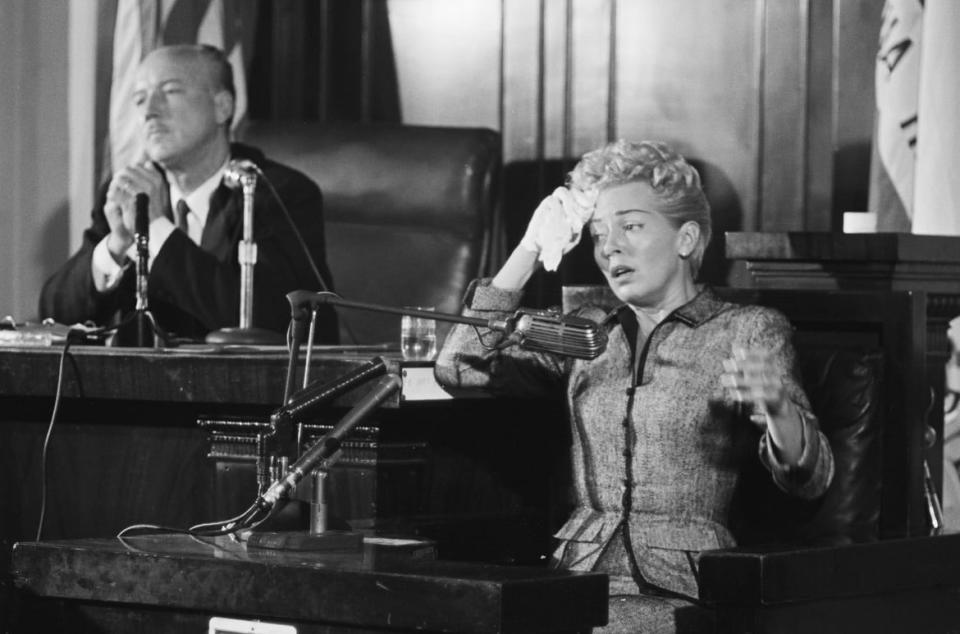<div class="inline-image__caption"><p>Lana Turner testifies at the inquest into the death of Johnny Stompanato.</p></div> <div class="inline-image__credit">Bettmann/Getty</div>