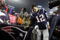 New England Patriots quarterback Tom Brady leaves the field after losing an NFL wild-card playoff football game to the Tennessee Titans, Saturday, Jan. 4, 2020, in Foxborough, Mass. (AP Photo/Bill Sikes)