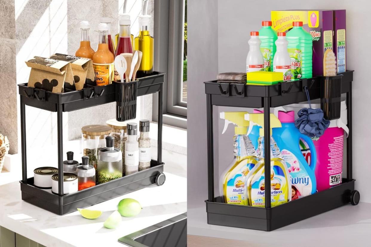 the amazon under-the-sink organizer on a kitchen counter and with cleaning supplies