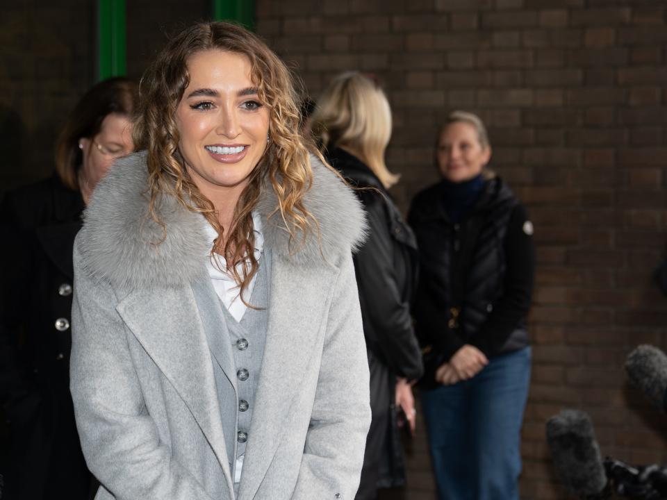 Georgia Harrison speaks to the media outside Chelmsford Crown Court on Friday.